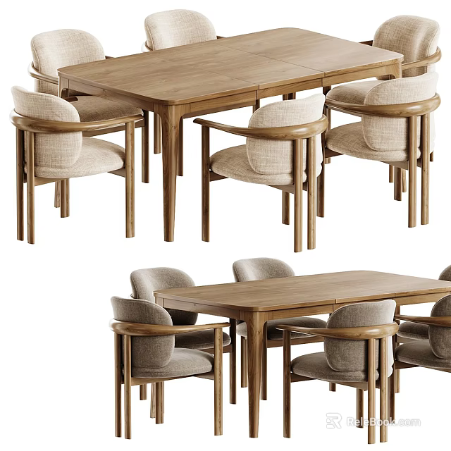Natural Wood Dining Table Set With Comfortable Fabric Upholstered Chairs For Modern Home Dining Area 3d model 