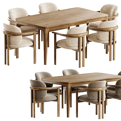Natural Wood Dining Table Set With Comfortable Fabric Upholstered Chairs For Modern Home Dining Area 3d model