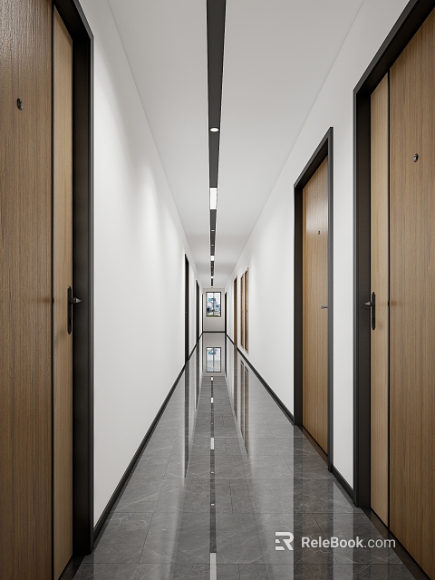 Modern Elevator Hallway Interior Design With Wooden Doors White Walls And Gray Floor Tiles 3d model 