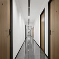 Modern Elevator Hallway Interior Design With Wooden Doors White Walls And Gray Floor Tiles