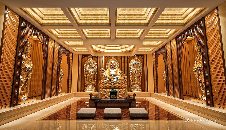 Sacred Buddhist Worship Hall Interior With Golden Buddha Statue Ornate Carvings And Prayer Mats 3d model 