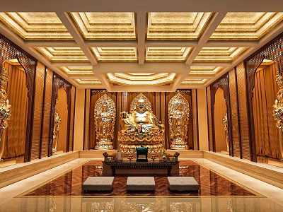 Sacred Buddhist Worship Hall Interior With Golden Buddha Statue Ornate Carvings And Prayer Mats 3d model