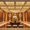 Sacred Buddhist Worship Hall Interior With Golden Buddha Statue Ornate Carvings And Prayer Mats