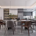 Modern Restaurant Interior With Dining Table Chairs Pendant Lights And Cabinets 3d model