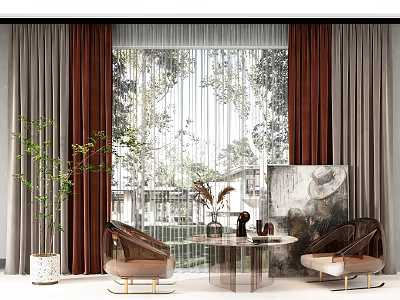 Leisure Sofa Set with Curtains Window Natural View Coffee Table Decorations 3d model