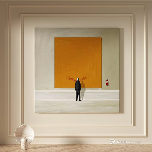 Abstract Painting Featuring Large Orange Square Light Background Human Figure And Red Fire Hydrant 3d model