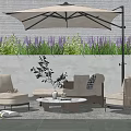 Comfortable Modern Outdoor Sofa Set With Patio Umbrella Coffee Table And Greenery