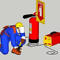 Man in Blue Uniform Kneeling Using Tool Near Red Fire Extinguisher Yellow Machine Red Sign