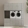 Bathroom Cabinetry With Washer Dryer Compartment Gray Finish And Gold Handles