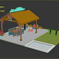 Cartoon Scene of Outdoor Area With Orange Pavilion Bench Table People Pool and Plants