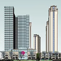 Modern High Rise Buildings With Glass Curtain Walls In Urban Landscape Street Trees And Pedestrians