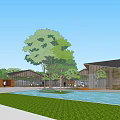 Modern Sales Office Building with Glass Curtain Wall and Water Feature Surrounded by Greenery