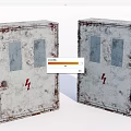 Two Rusted Metal Industrial Electrical Distribution Boxes With Glass Windows And Lightning Symbols On Doors