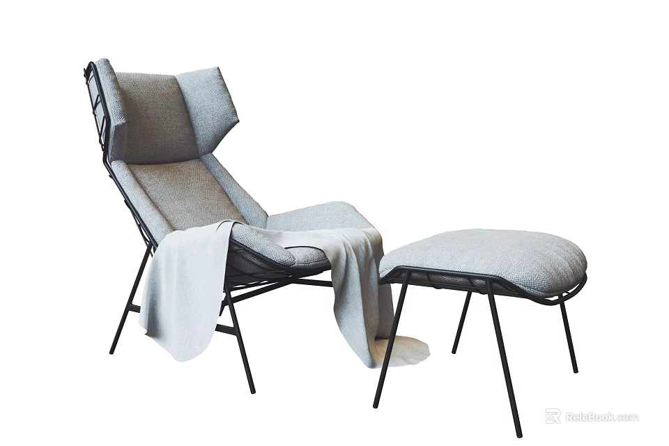 Modern Gray Lounge Chair with Black Metal Frame Ottoman and Light Blanket 3d model 