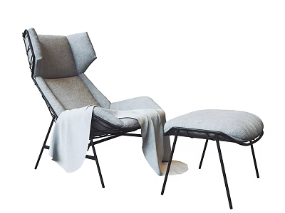 Modern Gray Lounge Chair with Black Metal Frame Ottoman and Light Blanket 3d model