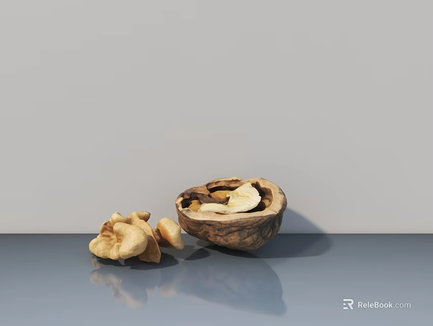 Natural Style Garden Ornament With Opened Walnut And Kernels On Smooth Gray Surface 3d model 