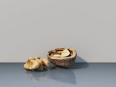 Natural Style Garden Ornament With Opened Walnut And Kernels On Smooth Gray Surface 3d model