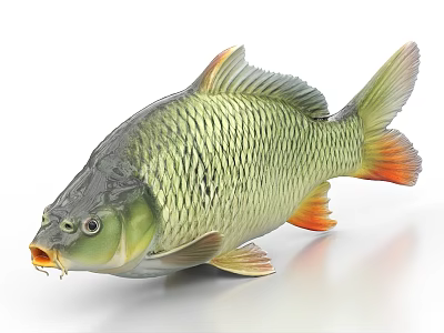 Realistic Green and Orange Carp with Detailed Scales Fins and Tail on White Background 3d model