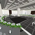 Elegant Ballroom Setup With Round Tables Chairs Patterned Carpet And Ceiling Lights