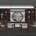 Elegant Modern Restaurant Interior With Round Table Pendant Lights Bookshelves Gray Chairs And Decorative Painting