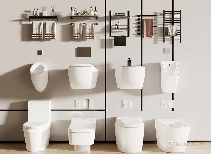 Multiple White Wall Mounted Toilets With Black Shelves And Toiletries 3d model 