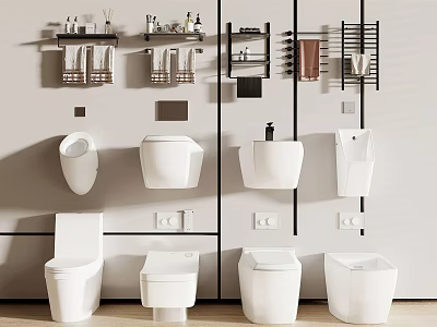 Multiple White Wall Mounted Toilets With Black Shelves And Toiletries 3d model