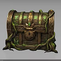 Decorative Wooden Treasure Chest With Brass Accents Intricate Lock Green Vines And Gemstones