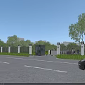 Entrance Gate With Security Booth Green Trees And Cars On Road Under Blue Sky