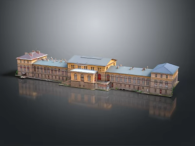 Traditional Multi Story Building With Colorful Roofs Yellow Facade And Windows 3d model