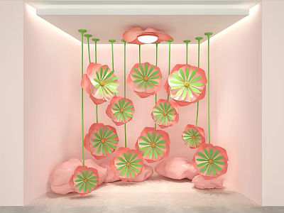 Vibrant Pink Green Photo Spot With Hanging Flowers And Cloud Decorations 3d model