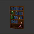 Wooden Bookshelf Filled With Books And Decorative Items On Dark Background