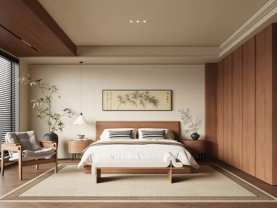 Warm Modern Bedroom Interior Design With Wooden Headboard Bamboo Painting Area Rug And Potted Plant 3d model