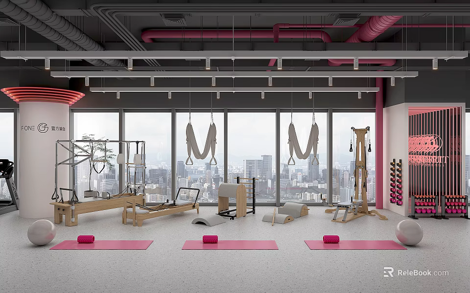 Modern Fitness Studio With Yoga Mats Suspension Trainers And Pilates Equipment 3d model 