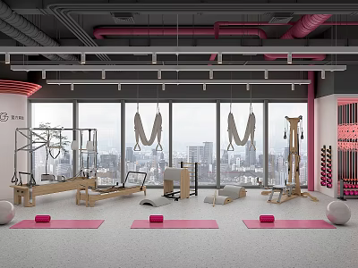 Modern Fitness Studio With Yoga Mats Suspension Trainers And Pilates Equipment 3d model