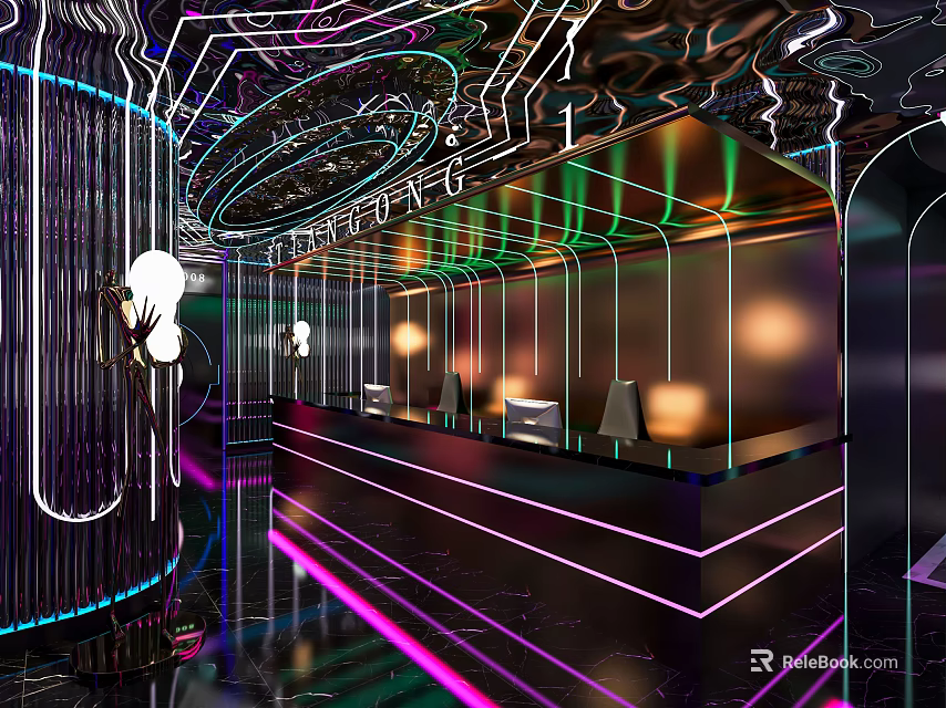 Modern KTV Interior Design With Neon Lights Bar Counter And Stylish Decor 3d model 