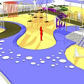 Kids Playground Design With Colorful Slide Swings Wooden Platform Sand And Water Features