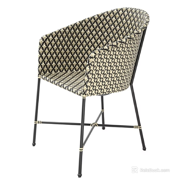Modern Outdoor Chair With Geometric Pattern Beige Black Fabric And Black Metal Legs Gold Accents 3d model 