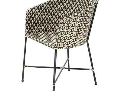 Modern Outdoor Chair With Geometric Pattern Beige Black Fabric And Black Metal Legs Gold Accents 3d model