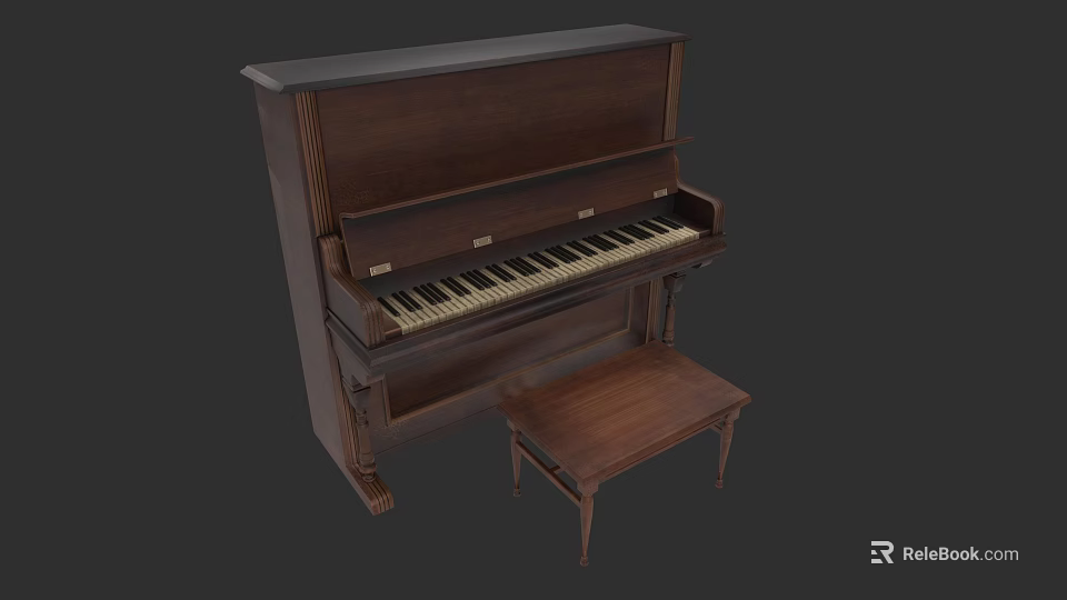 Vintage Wooden Upright Piano with Matching Stool and Classic Design Details 3d model 