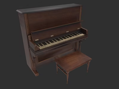 Vintage Wooden Upright Piano with Matching Stool and Classic Design Details 3d model