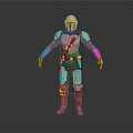 Helmeted Armored Warrior Standing With Small Green Alien Creature Companion