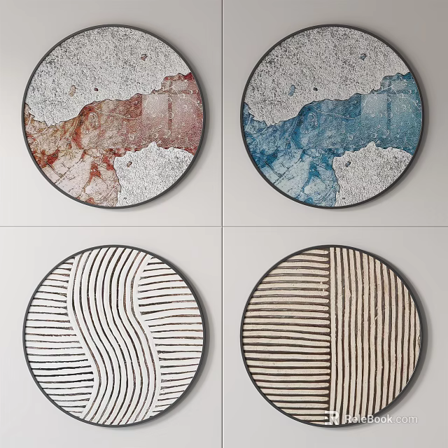 Round Framed Wall Art with Diverse Textures and Line Patterns in Color Tones 3d model 