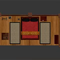 Cartoon Scene of Traditional Chinese Room With Wooden Screens Red Bed and Decorative Elements