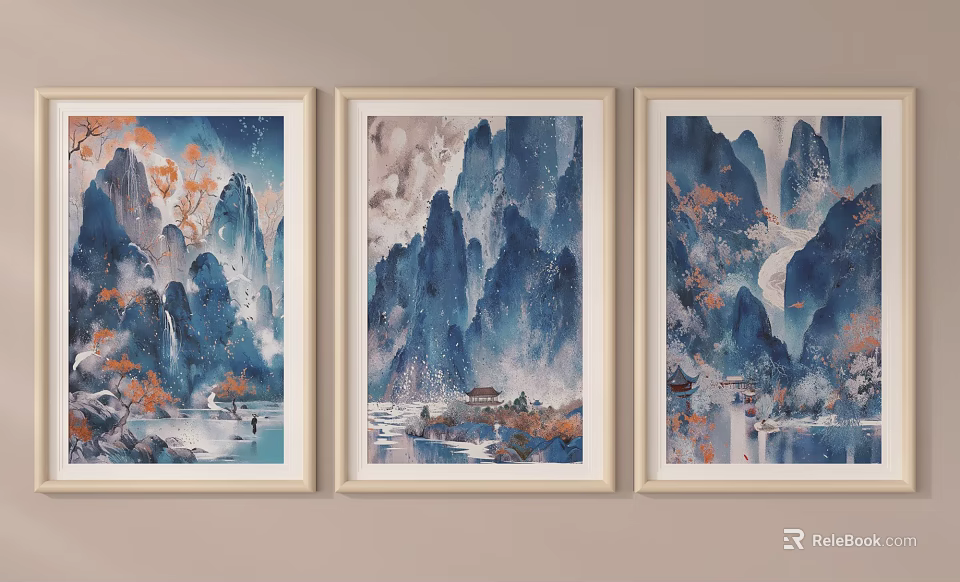 Three Abstract Paintings with Blue Mountains Orange Leaves Boats Pavilions in Light Frames on Wall 3d model 