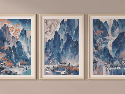 Three Abstract Paintings with Blue Mountains Orange Leaves Boats Pavilions in Light Frames on Wall 3d model
