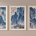 Three Abstract Paintings with Blue Mountains Orange Leaves Boats Pavilions in Light Frames on Wall