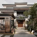 Modern Courtyard Garden Design With Covered Pavilion Green Plants Bonsai Tree And Stone Pavement