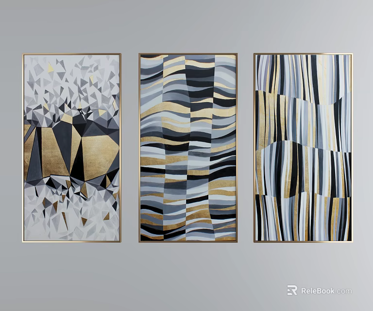 Three Abstract Geometric Wall Artworks With Black White Gold Patterns And Frames 3d model