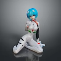 Anime Female Character With Blue Hair White Bodysuit Red Green Accents Kneeling Pose