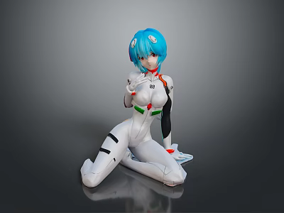 Anime Female Character With Blue Hair White Bodysuit Red Green Accents Kneeling Pose 3d model